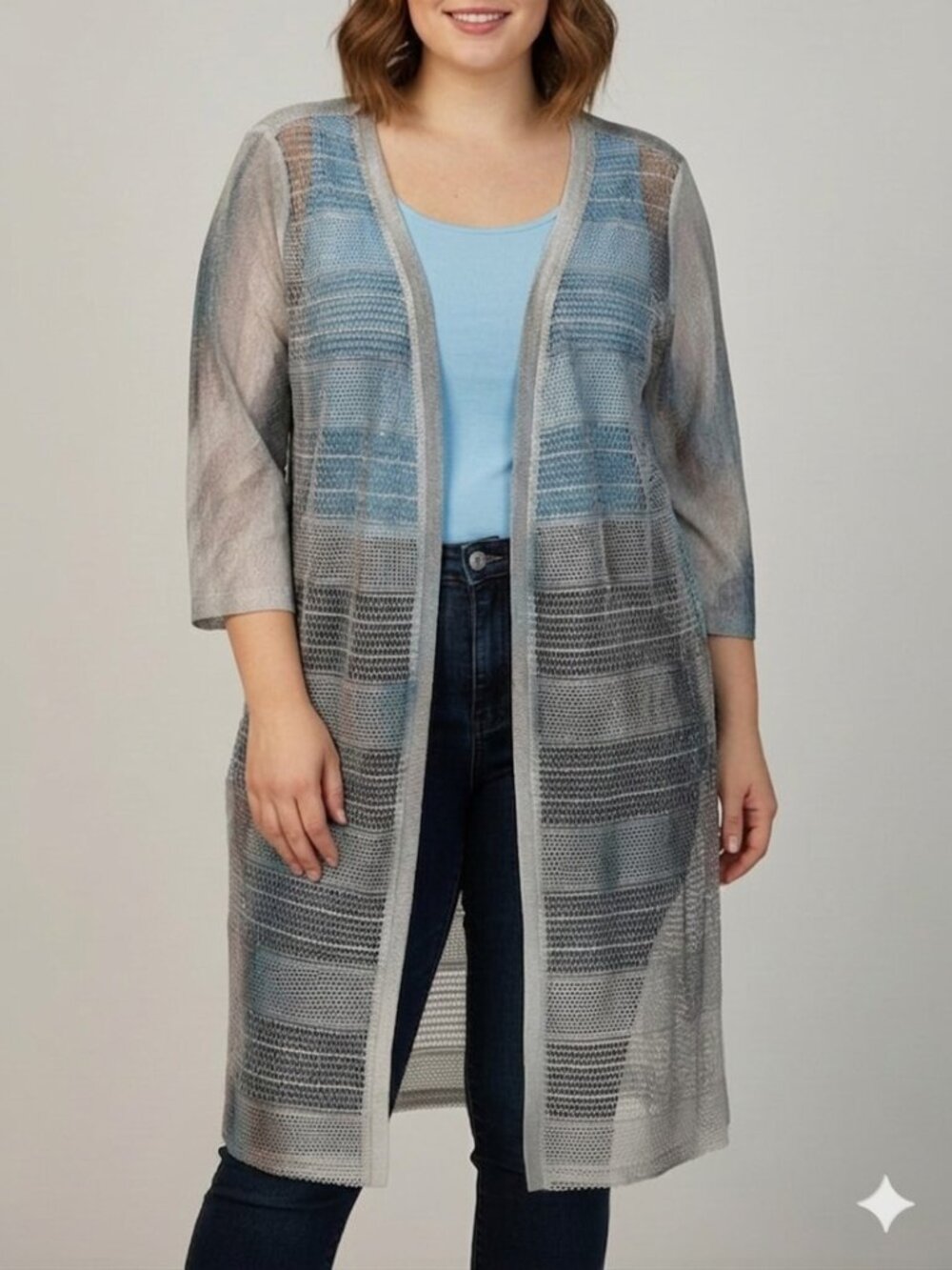 Lightweight Open Weave 3/4 Sleeve Sweater Blue XL